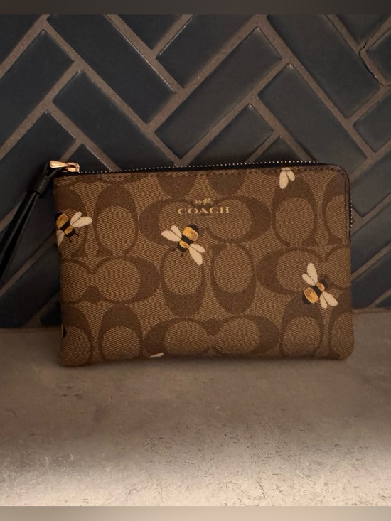 Coach Handbags - Coach Brown Signature Bee Zip Wristlet